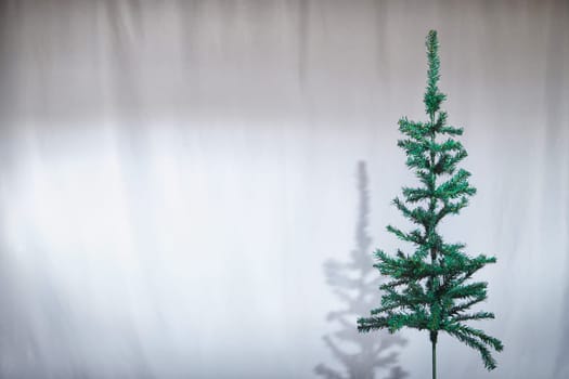 A Christmas tree stands on a table, casting a shadow against a plain backdrop in a cozy indoor setting