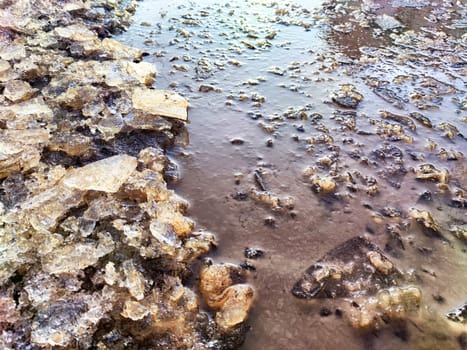 Ice and water in spring in flood. Puddle. Background, texture, pattern, frame, copy space. puddle with melted ice and water in the spring