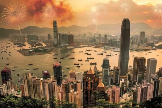 Vibrant fireworks and firecrackers illuminate the night sky during lunar new year celebrations
