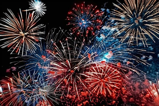 Vibrant fireworks and firecrackers illuminate the night sky for lunar new year celebrations