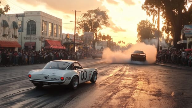 Powerful sports cars race through city streets at sunset, leaving a trail of smoke, thrilling spectators with high speed action