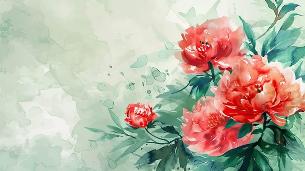 Delicate peonies bloom in shades of pink and coral, set against a soft, muted watercolor backdrop that enhances the floral elegance of spring.