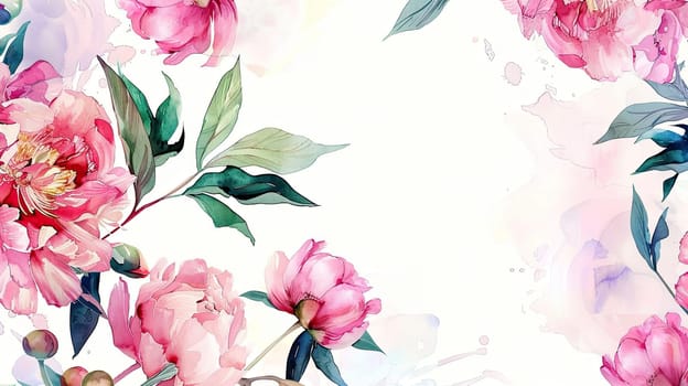 A beautiful arrangement of pink peonies with lush green leaves is set against a soft pastel background, showcasing elegant watercolor art.