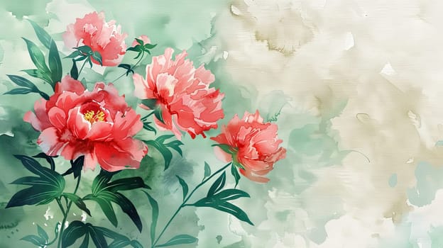Delicate pink peonies flourish with vibrant green leaves, set against a calming pastel backdrop, showcasing the beauty of floral artistry.