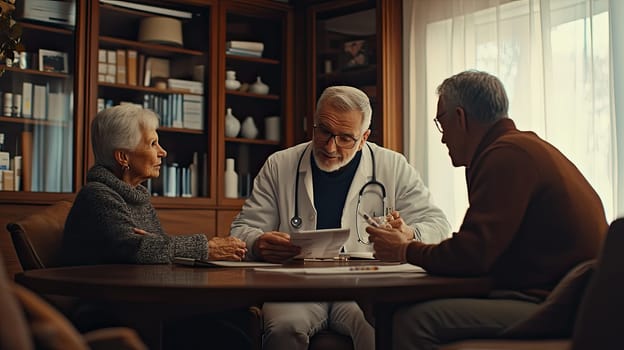 A doctor in a white coat explains medical options to an elderly couple seated at a round table in a warmly lit room filled with books and decor, focusing on their healthcare needs.