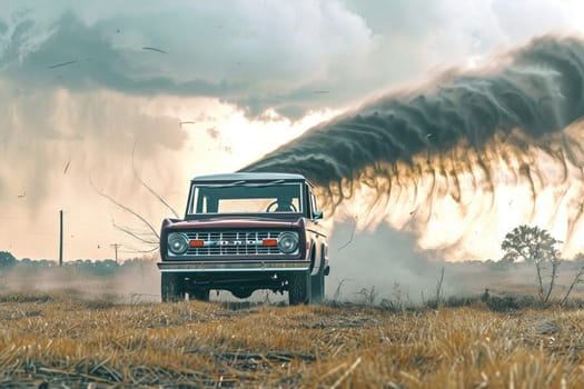 Classic ford bronco driving through a field with wildfire smoke and wind blowing through the air