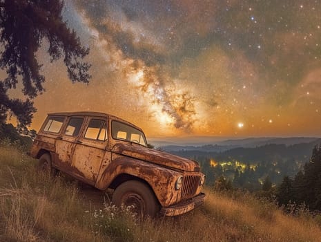 An old, rusted car sits alone on a hillside, surrounded by nature. The vibrant twilight sky is filled with stars, creating a stunning contrast with the vehicle's decay.