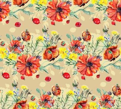 Seamless watercolor pattern with a bouquet of red poppies and field herbs on a beige background for summer textiles and surface design