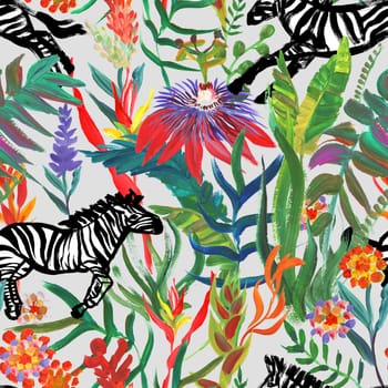 Seamless pattern with running zebras and bright tropical flowers drawn in a painterly style for summer textiles and design