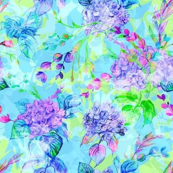 Seamless pattern with floral silhouettes of hydrangeas and herbs in multicolored shades. Summer Mix of botanical silhouettes for textile and design