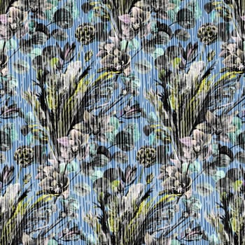 layered gray faded textile seamless pattern in vintage style with dried flowers and orchids on blue backdrop for textile and surface design