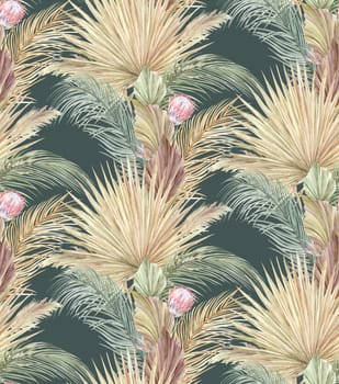 Seamless watercolor pattern with vertical tropical herbarium of dry palm leaves and pampas grass on dark green background for textile and surface design