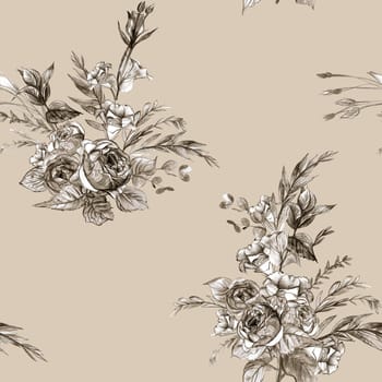 Floral monochrome pattern in pastel colors with graphic design of vintage rose bouquet for surface and textile design