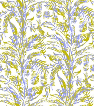 summer tropical seamless pattern with a blue and green palm tree and growing bananas on a white background drawn in gouache