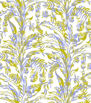 summer tropical seamless pattern with a blue and green palm tree and growing bananas on a white background drawn in gouache