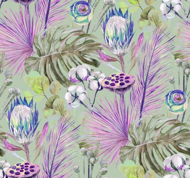 Watercolor modern pattern with tropical dried flowers of protea flowers and monstera leaves on a green background. Contemporary dyed dried flowers and Eucalyptus twigs and dried tropical palm leaves in shades of blue and purple for summer textiles and surface designs