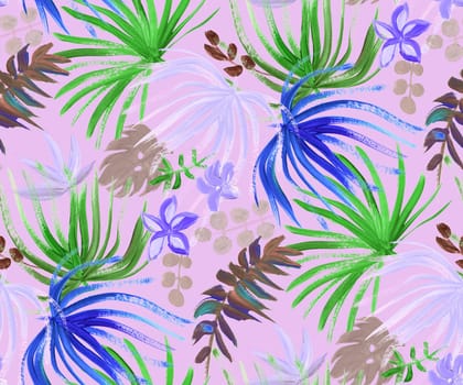 modern bright seamless pattern with tropical palm leaves and colorful dried flowers for fashion textiles and surface design