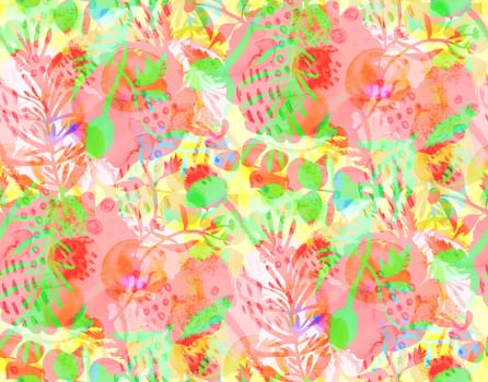 multicolored bright multi-layered seamless pattern with silhouettes of buds and flowers for summer textiles and various designs