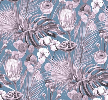 gray watercolor seamless monochrome pattern with dry palm branches with protea and monstera flower and cotton sprigs on a blue background