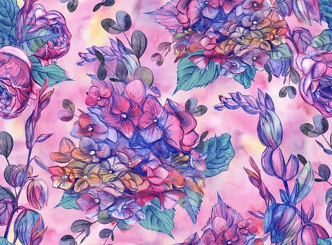 Seamless floral watercolor pattern with large pink hydrangea and rose flowers drawn in blue pencil on a watercolor pink background