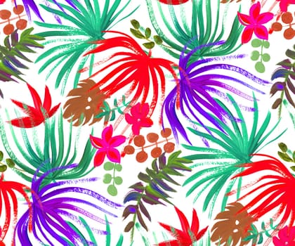 modern bright seamless pattern with tropical palm leaves and colorful dried flowers for fashion textiles and surface design