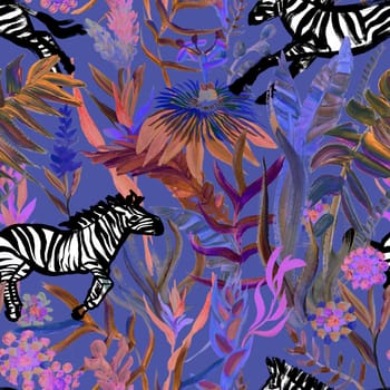 Seamless night pattern with running zebras and tropical flowers drawn in a painterly style for textile