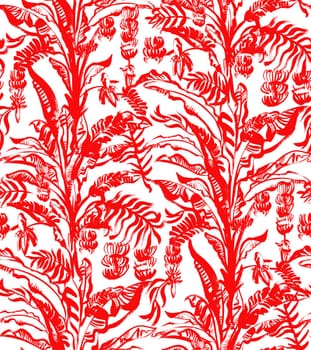 red and white pattern with a tropical banana palm painted with a dry brush in gouache for textile