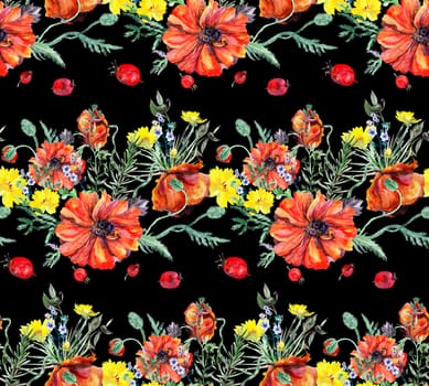 Horizontal pattern with graceful red poppies in wildflowers and scattered hawthorn on a black background painted in watercolor for textiles and home retro decor