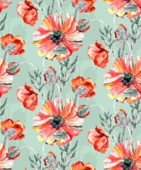 Seamless floral watercolor pattern with large realistic red poppies on a green background in vintage style for textile and surface design