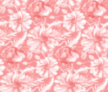Watercolor retro floral tender pink pattern. Flowers and buds of pink poppies in pink shades digitally processed and filters. Summer spring motif for textiles and home decor