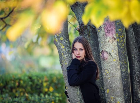 A beautiful girl stands by a tree in an autumn park