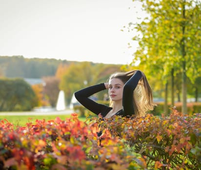 Portrait of a beautiful girl near a red-yellow bush in an autumn park