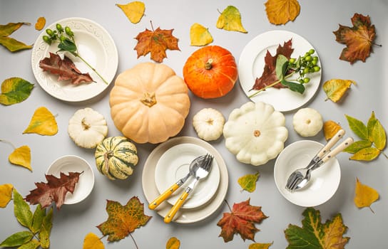 Thanksgiving festive table composition with different colourful pumpkins, autumn leaves, empty plates with cutlery on light grey background table ready for party and celebration..