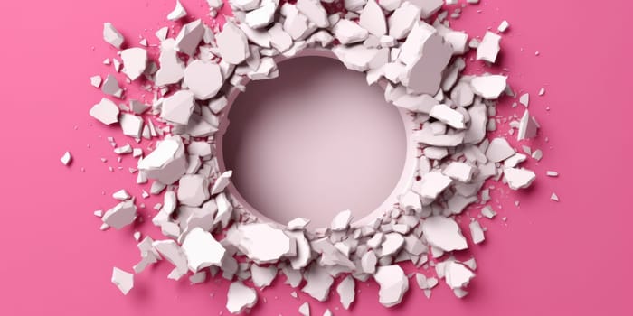 Breaking out of a hole in solid Pink wall, torn hole, empty copy space frame, mockup. Generative AI image weber.