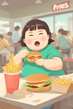 obese boy girl eating fast food , hamburger, french fries - unhealthy eating concept illustration generative ai art