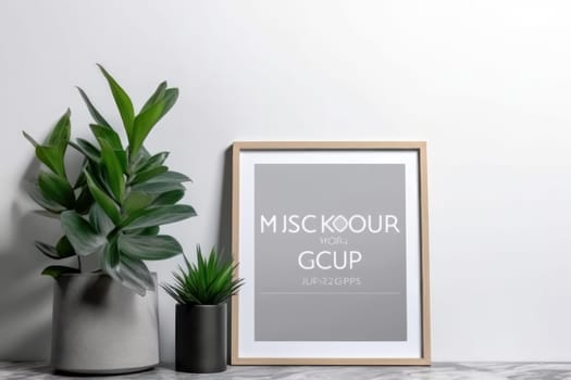 Mockup picture frame and potted plant on a wooden table create a cozy atmosphere. AI Generative technology creates realistic images.