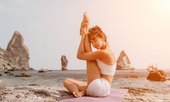 Fitness woman sea. Outdoor workout on yoga mat in park near to ocean beach. Female fitness pilates yoga routine concept. Healthy lifestyle. Happy fit woman exercising with rubber band in park.