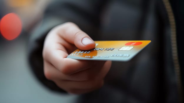 A person extends their hand, presenting a credit card against a backdrop of a busy city, highlighting the convenience of modern transactions in daily life - Generative AI