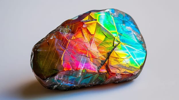 Detailed closeup of a single polished ammolite gem showcasing its iridescent spectrum of colors, including reds, greens, and blues. the gemstone's intricate, naturally occurring patterns make it ideal for jewelry design inspiration and collector's items.