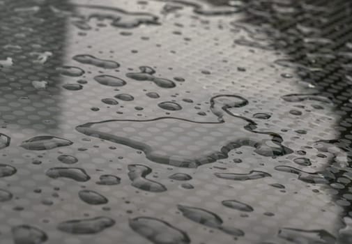 Natural Pattern of dew drops or raindrops on galss background. Detail of Water droplets caused by rain perched on surface of the Glass. Rain water drops on a Glass floor for wallpaper, Poster and Space for text, Selective focus.