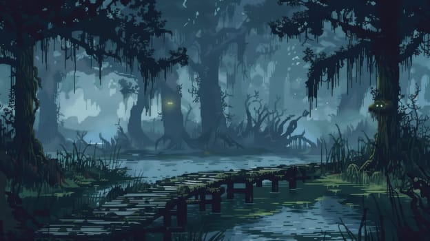A pixel art depiction of an eerie swamp, featuring dense, dark vegetation, foggy atmosphere, and mystical lighting. the scene includes twisted trees, hanging moss, and a wooden path over murky waters, creating a haunted, mysterious environment suitable for game backgrounds.