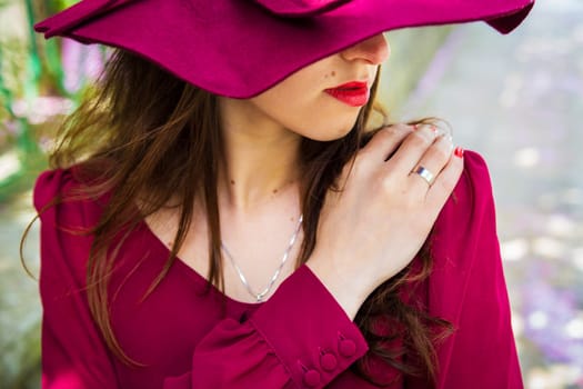girl in the hat, red dress, hands close-up