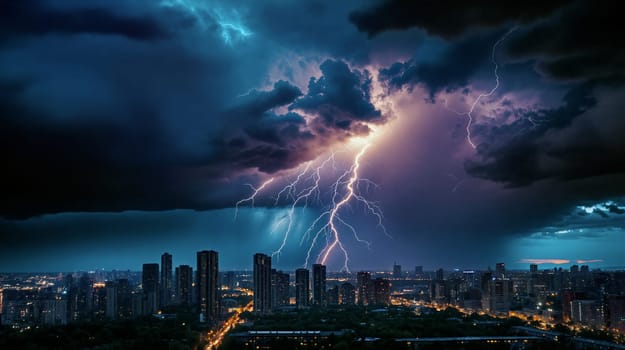 A powerful lightning storm lights up the night sky over a sprawling urban landscape, showcasing tall buildings and dark clouds swirling above the city - Generative AI