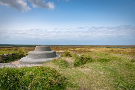 the dune area in Thy National Park in Denmark with places to sit and ponds with water in the green field with heather and other plants