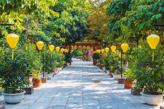 alley decorated with Chinese lanterns in a park with trees in a garden at a Buddhist pagoda in Asia in Vietnam
