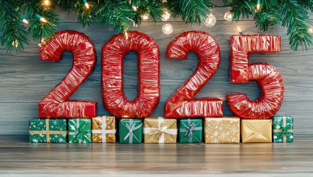 Festive display of 2025 with colorful gifts and holiday decorations, symbolizing New Year celebrations and festive spirit