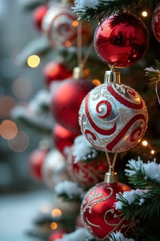 A beautifully decorated Christmas tree showcases intricate red and white ornaments, glowing softly with warm lights, creating a magical winter atmosphere - Generative AI