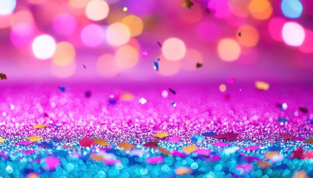 Glittering Pink and Blue Background with Falling Confetti, Festive Celebration Backdrop. Concept of New Year, party.