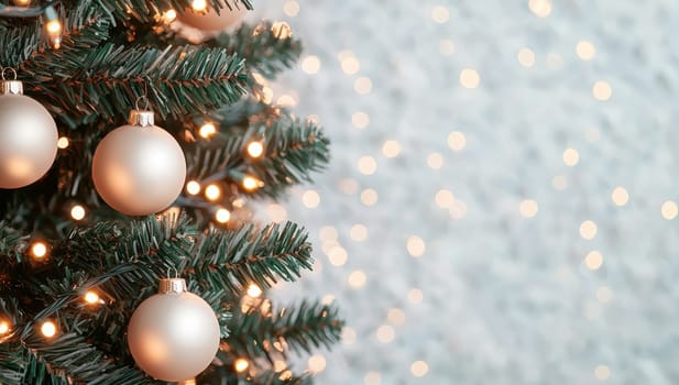 Christmas tree with ornaments and lights. Festive holiday background with copy space.