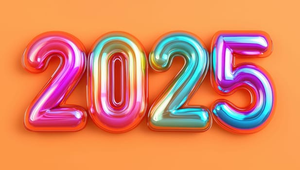 3D render of colorful iridescent foil balloon 2025 numbers on orange background